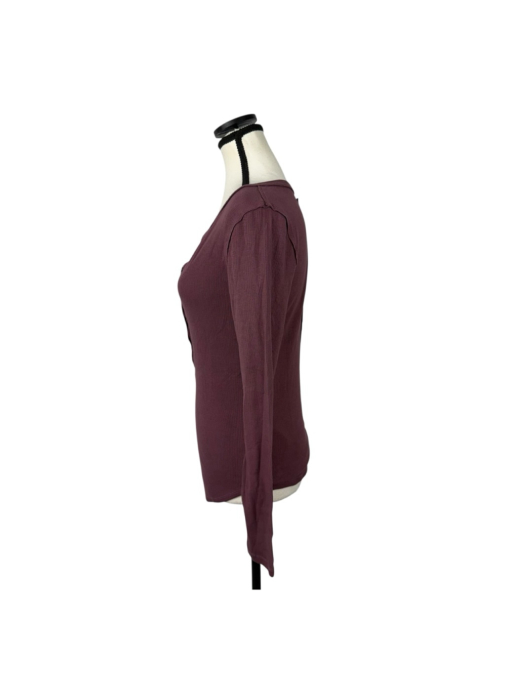 Free People We The Free Ribbed Henley Burgundy Long Sleeve Fitted Top S Boho - Picture 3 of 14